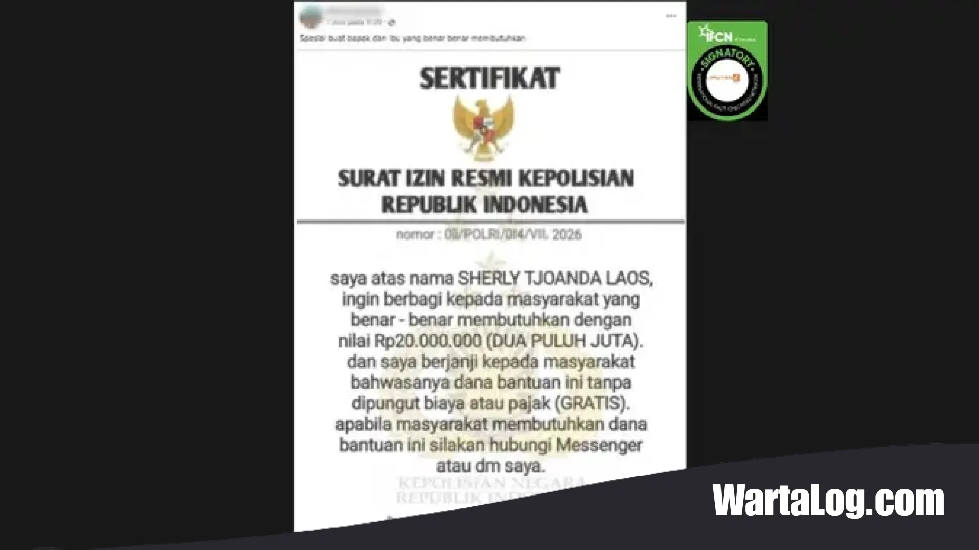 Waspada Penipuan Dana Bantuan Rp 20 Juta Atas Nama Sherly Tjoanda, WartaLog Ungkap Fakta di Baliknya